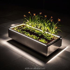 H064 Vase moderne minimaliste en acier inoxydable avec éclairage LED, jardinière décorative pour hôtels, toits, jardins, terrasses et espaces publics - Product Image 2