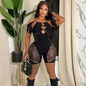 New Arrivals 2023 Trendy 1 Piece Bodysuit Bodycon Hollow Out Sexy Jumpsuit Shorts