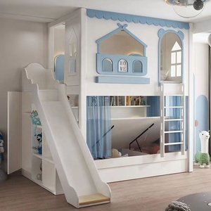 Letto a Castello Multifunzionale per Bambini con Scivolo, Scale con Vano Contenitore, Letto Estraibile, Cassetti e Libreria, Bianco Azzurro per Ragazzi e Ragazze - Product Image 3