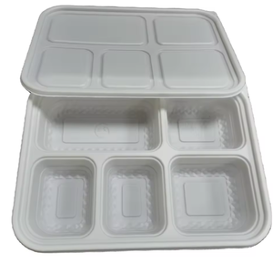 Kotak makan sekali pakai 5 sekat berbahan PP, model clamshell, putih, dapat dipanaskan dalam microwave, untuk dibawa pulang, kemasan makanan cepat saji, wadah makan siang - Product Image 1