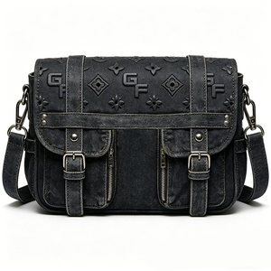 Sac messager à rabat en denim noir délavé avec monogramme, pour homme, multi-poches, utilitaire, sac bandoulière, fermeture éclair, tendance, imperméable - Product Image 6