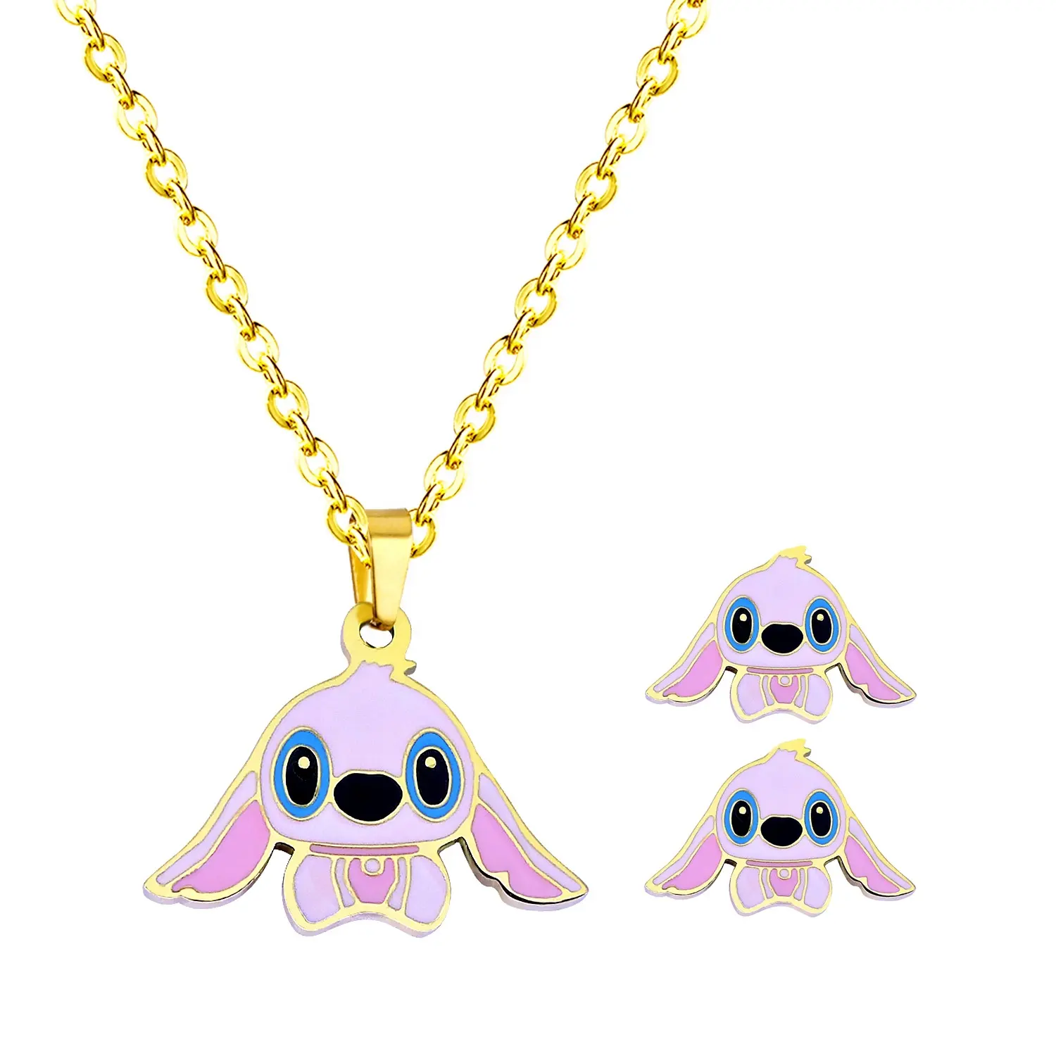 Cute Stitch Stainless Steel Forever Love Lucky Cartoon Jewelry Set Guangzhou Jewelry market Wholesale