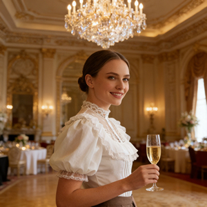 T-shirt pour femme de style victorien personnalisable, élégant et féminin, col haut, manches bouffantes à volants avec accent en tulle léger - Product Image 6