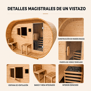 Sauna Exterior Tipo Barril PLOUTARA con Estufa de Leña, Cabina de Madera, Puerta de Vidrio, OEM para Jardín, Hotel, Spa, Resort - Product Image 2