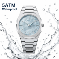 Montre pour homme avec logo personnalisé, bracelet intégré en acier inoxydable de luxe, cadran texturé bleu glacé, lunette octogonale, ultra-fine, quartz, 5 ATM