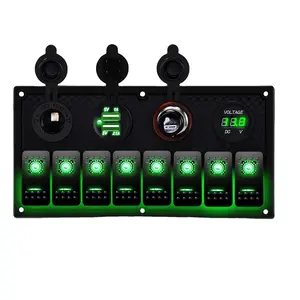 Green 8 Group Marine Rocker Switch Panel Waterproof LED Toggle Switch with Lamp with Fuse Circuit Breaker Protection