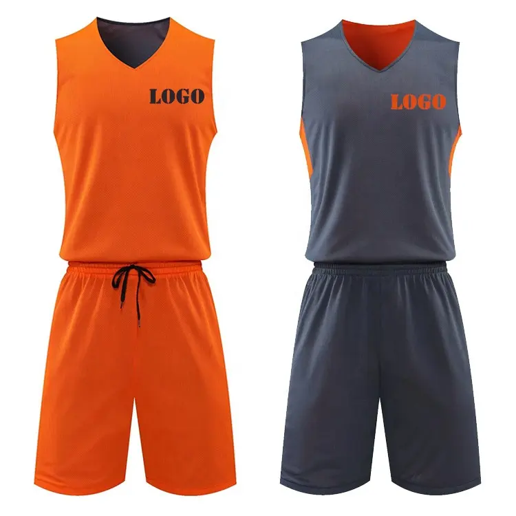 Conjunto de camiseta de equipo de baloncesto de malla reversible para hombre al por mayor, uniforme de baloncesto barato de doble Chaleco de baloncesto gris y naranja