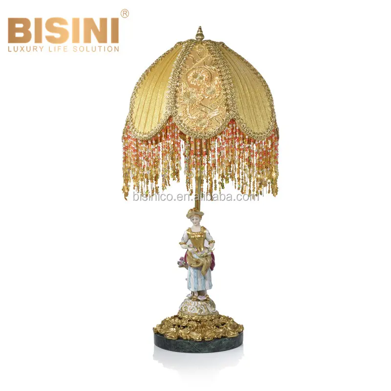 Ornamental Figurine Statue Lamp, European Style Palace Table Lamp With Shade, Bronze Art Desk Lamp With Ceramic Figurine Base