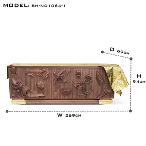 <span class=keywords><strong>Credenze</strong></span> Contemporanee in Stile Moderno e Lussuoso per Soggiorno, con Porte in Noce Intagliate a Mano e Mobile Contenitore in Ottone Lucido - Product Image 5
