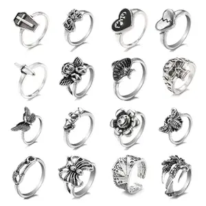 Grosir cincin warna perak antik berkilau batu Opal Pirus untuk Wanita Pria geometris bunga Bohemia cincin perhiasan mode