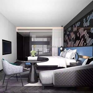 Ensemble de mobilier de chambre d'hôtel 3 étoiles : Lit avec sommier en bois durable, matelas, tables de chevet, tête de lit, ottoman et table d'appoint - À vendre - Product Image 3