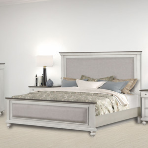 Elegante Juego de Muebles de Dormitorio Gris Claro - Cama con Cabecera Tapizada, Cómoda con Espejo, Mesita de Noche, Muebles de Almacenamiento para Dormitorio - Product Image 1