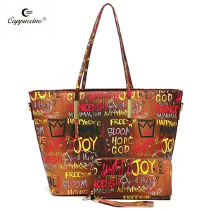 Luxus Damen Einkaufstaschen Custom Magazine Multi Graffiti Print Damen Handtaschen Tasche Faux vegane Leder Totes Umhängetasche