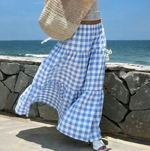 Jupe longue à carreaux bleus pour vacances d'été à la plage, taille élastique, taille haute, jupe midi, nouvelle arrivée, jupe midi de plage - Product Image 4