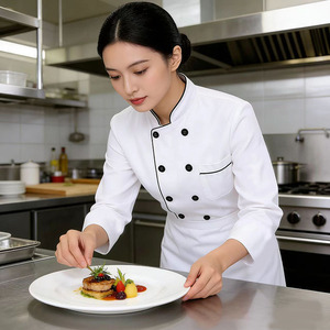 Chef Uniform Cotton Workwear Short Sleeve Black Trim Restaurant Catering Hotel <b>Kitchen</b> Use - Product Image 3