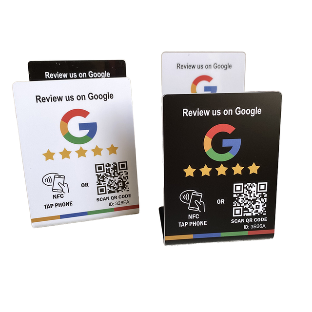 Programmable NFC RFID Tap Table Stand Business Card Payment Features Waterproof Acrylic Google/Instagram Reviews QR Code Menu