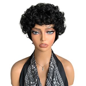 Perruque Courte Noire Bouclée pour Femmes Noires, Perruque Synthétique pour Femmes avec Frange, Sans Dentelle Frontale, Cheveux Bouclés, Coupe Pixie de 6 Pouces - Product Image 1