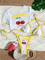 Ensemble bikini 3 pièces pour femme, imprimé cerises, haut court graphique fruité mignon, cache-maillot, bas à nouer ajustable, bordure contrastante, maillot de bain sexy