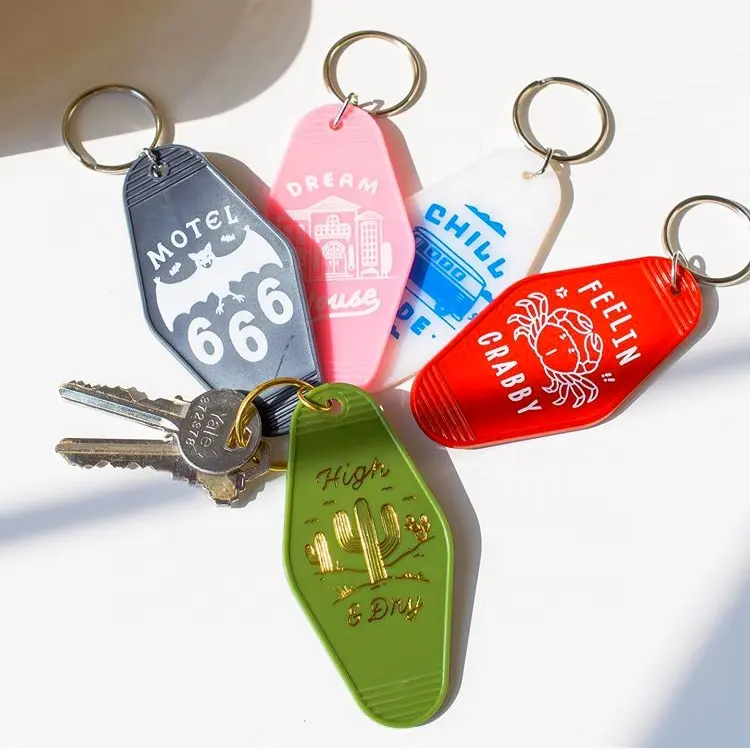 Porte-clés personnalisé en acrylique blanc, logo personnalisé, breloque en plastique, à estampillage à chaud, pour hôtel, jaju