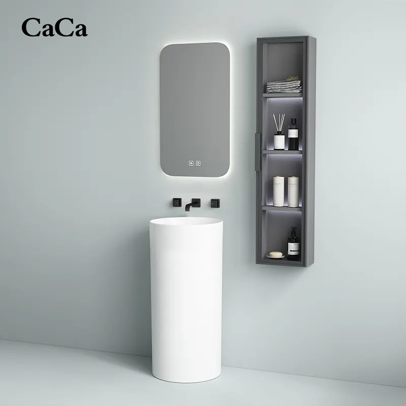 CaCa Luxury modern ceramic round one piece bathroom free standing pedestal sink hand wash basin with smart mirror and cabinet