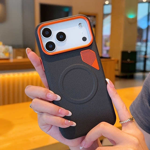 Orange Hollow Heat Dissipation Pu Leather Magnetic Phone case Suitable for Iphone17promax 18 16plus 15promax 16 15 17