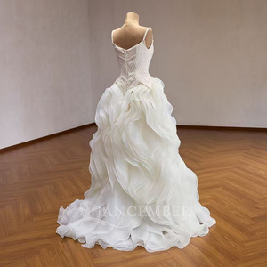 Robe de mariée formelle Jancember 261046 en tulle à volants, avec bretelles spaghetti, motif losanges blancs et <span class=keywords><strong>taille</strong></span> basque - Product Image 3