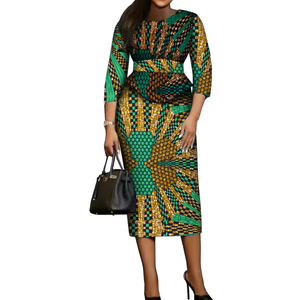 Robes élégantes en coton africain pour femmes, tenues Ankara Bazin Riche avec jupes <span class=keywords><strong>et</strong></span> hauts extensibles, grandes tailles, manches longues - Product Image 2