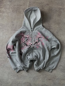 Fabricante de Ropa, Sudadera con Capucha Extra Grande para Hombre, Personalizada, Estilo Y2K Grunge, con Estampado Floral de Flores de Cerezo Sakura, Cierre Completo - Product Image 2