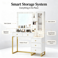 Coiffeuse blanche multifonctionnelle avec miroir éclairé, cadre doré, tiroirs, meuble d'appoint et prise intégrée pour chambre à coucher