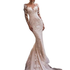 White Long Sleeve V Neck Mermaid Wedding Dress With Floral Print And Trailing Skirt For Elegant Bridal Wear - Product Image 5