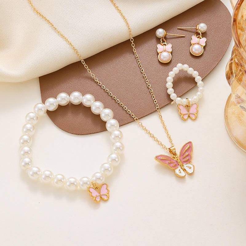 Gold Plated Pearl Butterfly Jewelry Set Bracelet For Girls
