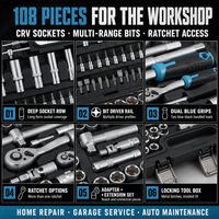 Lot de 108 outils de réparation automobile en acier au chrome-vanadium (CRV) avec douilles et clé à cliquet, garantie 3 ans pour garage domestique et OEM