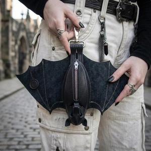 Portefeuille gothique en cuir motif chauve-souris, porte-monnaie <span class=keywords><strong>mini</strong></span>, porte-clés chauve-souris noir en PU pour Halloween, sac à ailes pliable, breloque de sac - Product Image 1