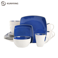 Vaisselle en gros, 16 pièces, services de table, maison et cuisine, service de vaisselle carré en céramique bleu foncé