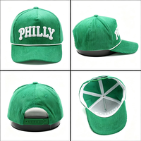 Casquette de baseball personnalisée en velours côtelé vintage PHILLY avec broderie 3D, 5 panneaux, couleur vert Kelly, chapeau chaud à calotte rigide