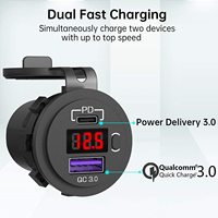 Chargeur de voiture rapide 48W PD Type C QC 3.0, prise USB C 12V, étanche à la poussière, avec voltmètre, interrupteur marche/arrêt