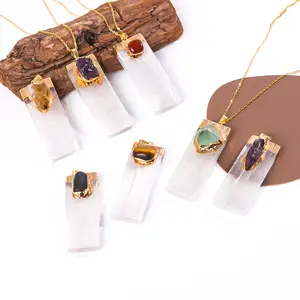 Wholesale Natural Rectangle White Gypsum Stone With Stone Crystal Cluster Amethyst Tiger Eye Agate Inset Pendant for Necklace