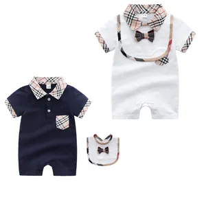 Hot sale Baby Summer Solid Plain Bodysuit Short Sleeve Infant Toddlers Clothing Baby Boy Clothes Jumpsuit Polo Romper with Bib