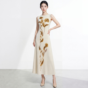 Casual Floral Embroidery Elegant Knitted Midi <b>Dress</b> Sleeveless O-Neck Fit Straight And Flare Breathable Spring Autumn <b>Dress</b> - Product Image 4