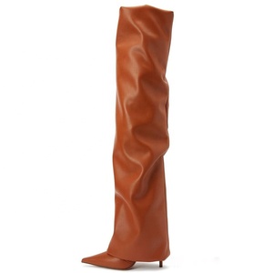 Bottes longues plissées à talon aiguille pour femme, à bout pointu, au-dessus du genou, style pantalon - Product Image 3