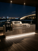 Îlot de cuisine extérieur avec barbecue Kamado, gril à gaz, brûleur latéral et évier intégré pour patio et jardin