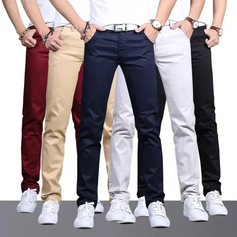 Men's High Cotton Content Slim Straight Solid Color Classic Casual Pants Mid Waist Youth Four Seasons Trousers