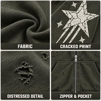 Ensemble sweat à capuche zippé et short en molleton éponge pour homme, avec motif étoile sérigraphié personnalisé, idéal pour un style urbain décontracté