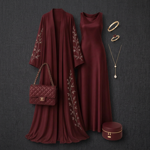 Burgundy Silk Elegant Dubai <b>Abaya</b> Floral Embroidery Sleeveless Floor Length Loose Fit Modest High Quality Wedding <b>Dress</b> Women - Product Image 3
