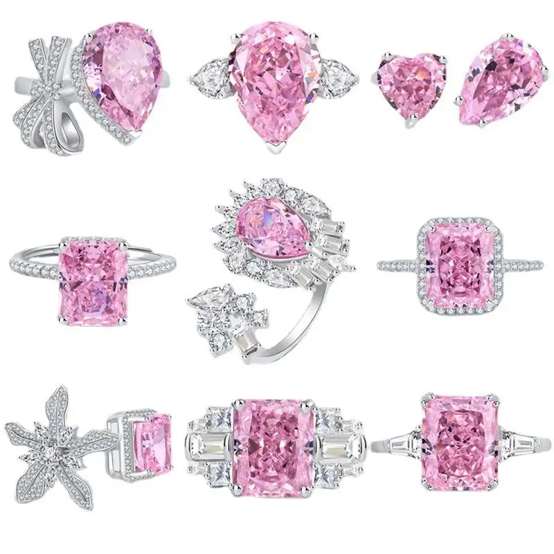 Großhandel Schmuck Ring Damen 5a Eis Blume geschnitten offener Ring rosa hochkarbonstift Diamant Verlobung Hochzeit 925er Sterling-Silberring