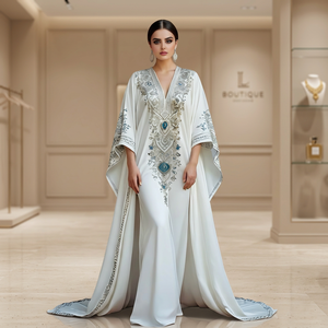 Luxurious Handmade Vintage Straight Women's Palestine Thobe Elegant Crystal Embellished Breathable <b>Satin</b> Knee-Length Party - Product Image 3