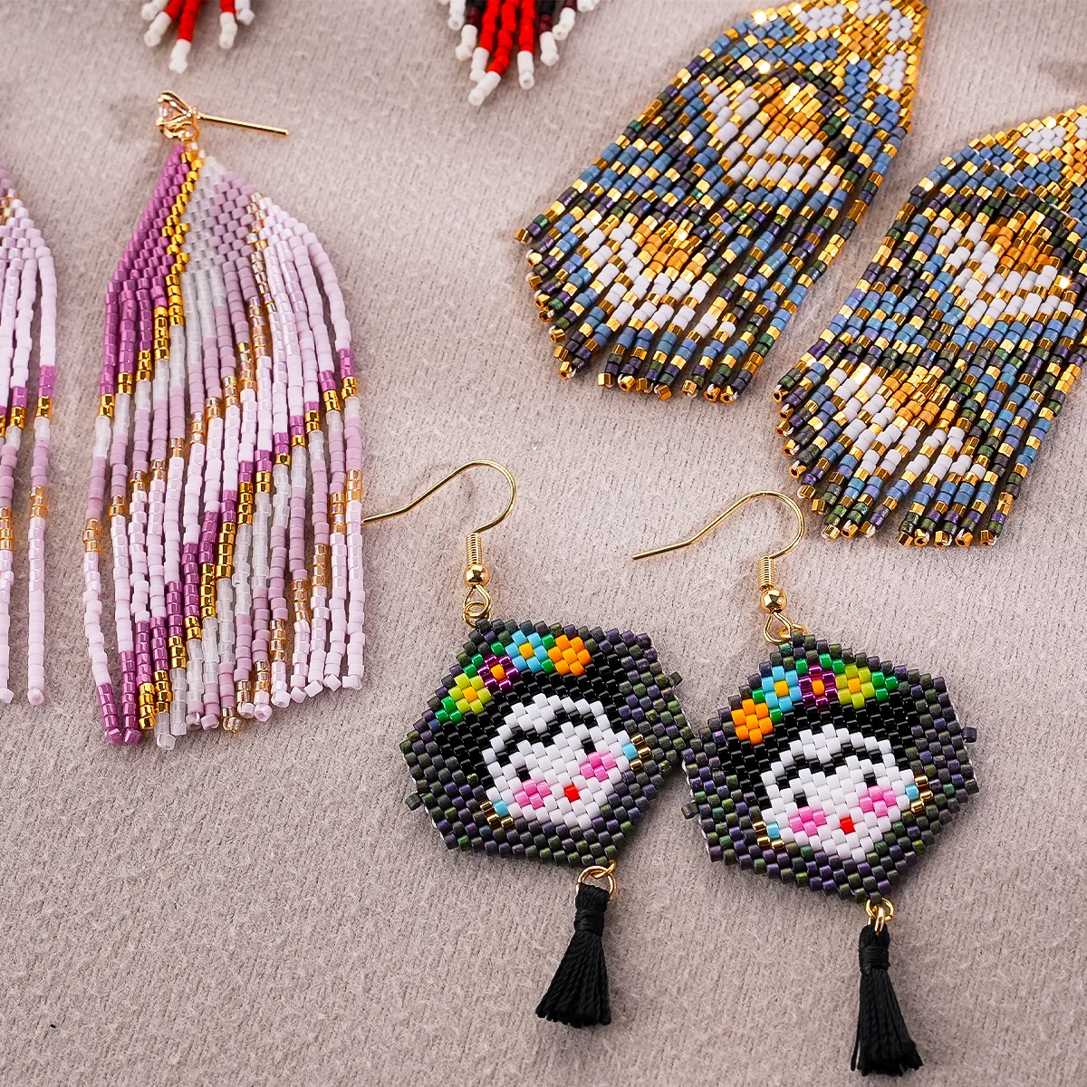 2024 Latest Bohemia Style Seed Beaded Geometric Feather Ethnic Pattern Jewelry Miyuki Earrings For Women