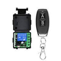 Control remoto inalámbrico RF de 1 canal con transmisor LED, relé de 12V 10A y módulo receptor de 433MHz con función de aprendizaje de código.