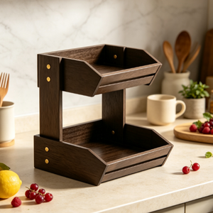 Organisateur de comptoir à 2 niveaux en bois foncé, présentoir incliné à double plateau pour fruits et légumes, pour cuisine et garde-manger - Product Image 2