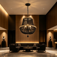 Lampu Gantung Candelabra Manik Kayu Hitam Cincin Ganda dengan Finishing Kayu Alami, Lampu Vintage untuk Ruang Tamu dan Kamar Tidur